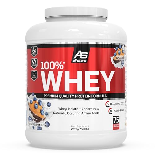 All Stars 100% WHEY PROTEIN 2270g I Eiweiß-Pulver mit Whey-Konzentrat & Isolat I leckeres Low-Fat Powder I hochwertiges Protein-Pulver I cremiger Protein-Shake mit Blueberry Muffin-Flavour