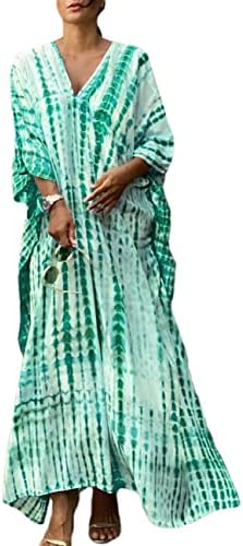 Bsubseach Women Print Beach Kaftan Dress Short Sleeve Plus Size Bathing Suit Cover Ups