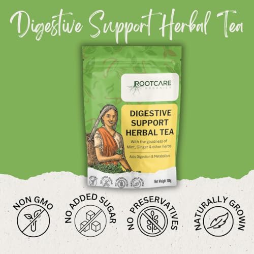 Image of Rootcare Organics green tea for Digestive 100g Pack Of 1 Month Loose Leaves With Mint & Ginger For Digestive Support Reduces Bloating and Supports Gut Health Whole Herbs Blend