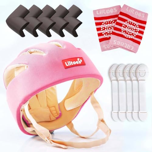 Image of Baby Safety Products Combo | LILTOES Baby Head Protector + Edge Guard + Cabinet Lock + Kneepad for Safety of Kids 6M to 3 Years | Baby Safety Helmet with Corner Guard Protection (Pink+Corner+Cabinet+Kneepad)