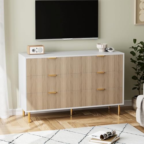 Image of IDEALHOUSE Natural Dresser, Modern 6 Drawer Dresser for Bedroom with Gold Handle and Large Drawer, Wood Double Chest of Drawers and Storage Organizer for Living Room, Hallway, Entryway