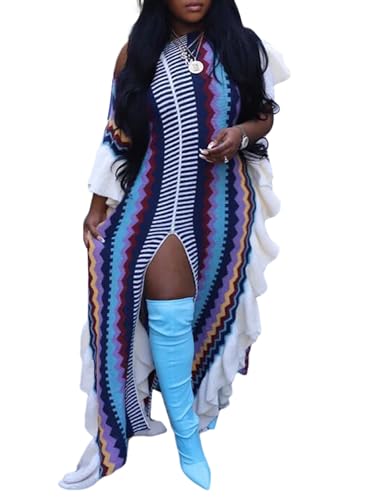 XZLUFNY Women's Striped Ruffle Knitted Sleeveless High Split Hem Loose Maxi Dress