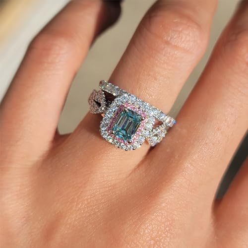 DovEggs Moissanite Engagement Rings for Women 1ct 5x7mm Elongated Emerald Cut Moissanite Peacock Blue Lab Grown Double Halo Split Shank Engagement Ring Moissanite&Sapphire Sterling Silver4