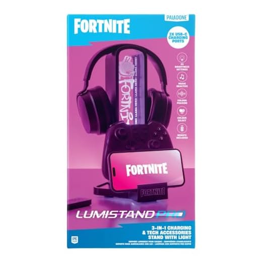 Paladone Fortnite 3-in-1 Kopfhörerständer und Technik-Ladestation mit Konsolen-Controller-Halterung und 2 USB-C-Ports, RGB-Farbwechsel-Lichtpanel, offiziell Lizenziertes Geschenk für Gamer
