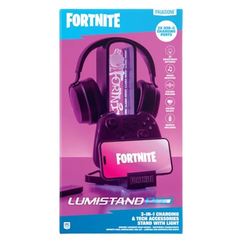 Paladone Fortnite - Soporte para Auriculares 3 en 1 y estación de Carga tecnológica con Base de Controlador de Consola y 2 Puertos USB-C, Panel de luz RGB Que Cambia de Color, Regalo Oficial para