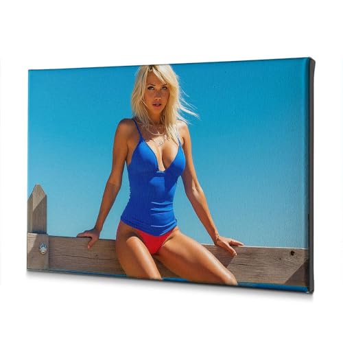 Tableau décoratif sur toile de peinture moderne pour salon avec motif femme en maillot bleu et bois