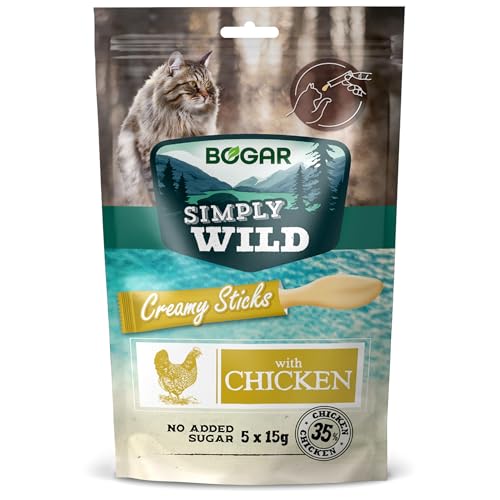 Bogar - Simply Wild - Chuches Gatos - Comida Gatos Complementaria - Snack Cremoso Sabor Pollo - Golosina para Felino Adulto - 5x15g - Ideal para los Momentos de Interacción Diarios