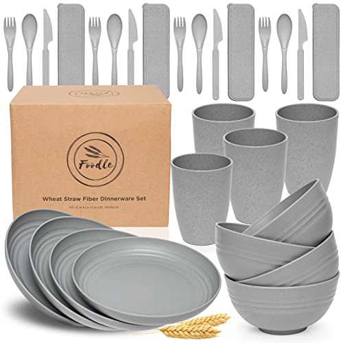 Comparison: Best Dinnerware For Rv 11 FOODLE Wheat Straw Dinnerware Set - BPA Free & Safety Tested - Microwave & Dishwasher Safe - Perfect for Picnic, Dorm, RV Dishes - Camping Plates Cups and Bowls Set - Great for Kids & Adults - For 4