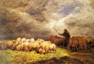 Peinture à l'huile The Swineherd par Charles Emile Jacque toile 12x16 pouces