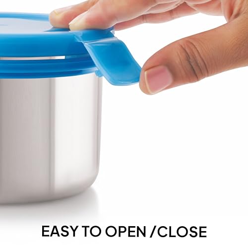 Image of CELLO MF Blaze Stainless Steel Lunch Box for Office Use Blue | 300ml x 2 Round Containers, 1 x 500ml Oval Containers, Lightweight Easy to Carry Leak Proof Airtight Tiffin Box for Travel and Daily Use