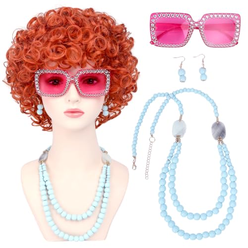 Image of Women Roper Curly Orange Red Cosplay Wig with Necklace Earrings and Sunglasses for Women Hallween Costume Wig