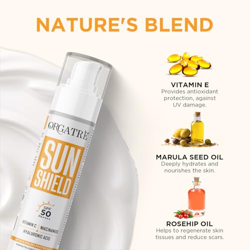 Image of ORGATRE Sun Shield SPF 50 PA++++ Sunscreen for Women & Girls, Vitamin C, Niacinamide & Hyaluronic Acid, Non-Greasy, No White Cast, Water Resistant, Face Cream for Glowing Skin & Acne Prone Skin 50gm