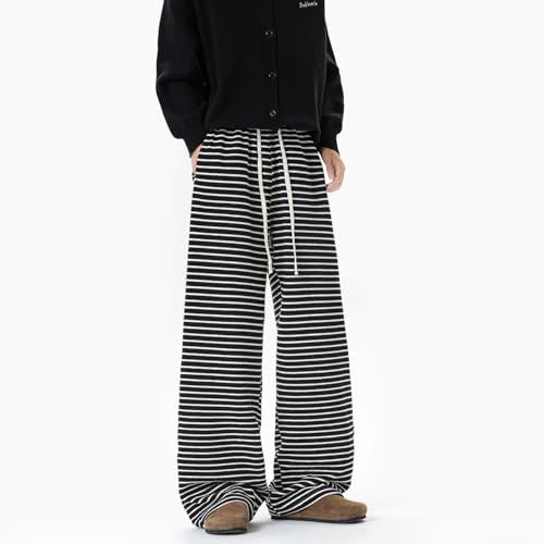 Seidarise Men's Black - and - White Striped Wide - Leg Pants, Drawstring Waist, Comfortable & Versatile for Casual Wear4