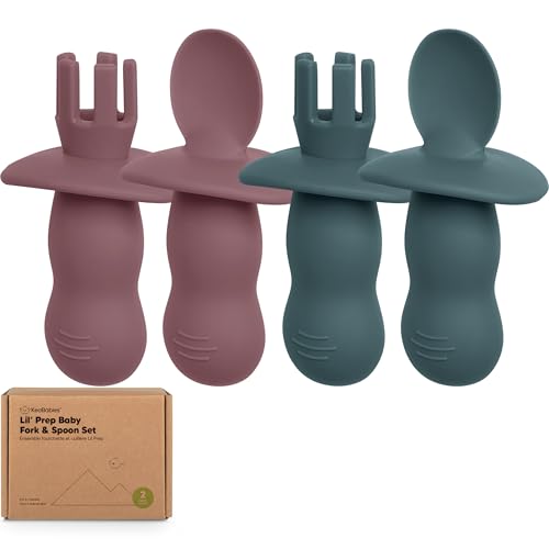 Image of KeaBabies 4-Pack Silicone Baby Spoons and Forks Set - Baby Led Weaning Utensils 6-12 Months, Self Feeding Toddler Spoon & Fork for Training, Teething, Easy to Hold, BPA-Free Silicone (Rocky)