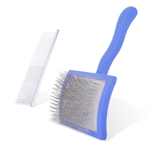 Spazzola Slicker con Pettine per Cani, Autopulente Spazzola Toeletta Cani con Aghi Lunghi & Puntoni Tondi Gomma Pettine Anti-Sottopelo per Animali a Pelo Lungo Gatti Rimuove Nodi (Blu)