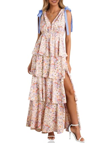Wenrine Womens Summer Floral Maxi Dress Tie Strap Sleeveless V Neck High Slit Boho Ruffle Tiered Beach Dresses