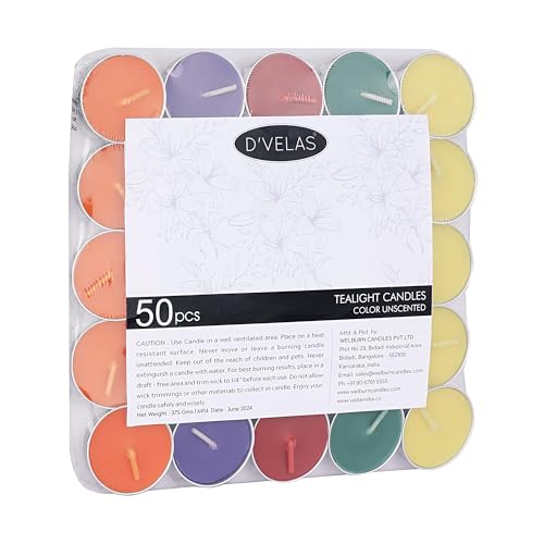 Image of D'Velas Coloured Unscented Wax Tealight Candles - Pack of 50 | Upto 2 Hours Burning Time | Paraffin Wax, Unscented, Smokeless, Dripless, for Home Decor, Offices & Other Occasions.