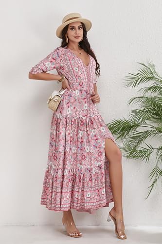 Image of Women Short Sleeve V Neck Floral Print Casual Bohemian Maxi Dresses