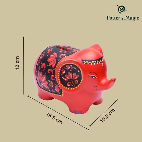 Image of Potter's Magic Ceramic Hand Painted Elephant Piggy Bank with Lock | Modern Lucky Money Bank | Piggy Bank for Womens | Mitti ka Gullak | Kiddy Bank for Boys & Girls (Without Glaze) (Red)
