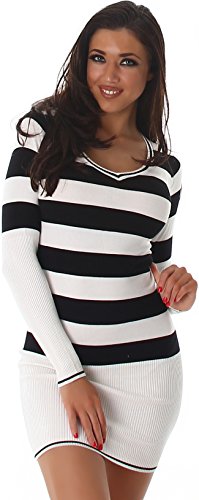 Jela London Damen Feinstrick Long Pullover Mini Kleid gestreift V-Ausschnitt Langarm Bodycon, Lang (Weiß Schwarz) 34-36