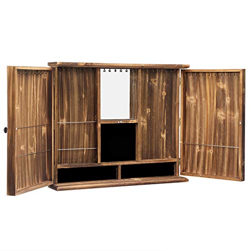 SONGMICS Wall-Mounted Jewelry Organizer, Solid Wood Large Jewelry Holder with Doors Removable Rod Built-in Mirror, for Long Necklaces, Earrings, Rings, Studs, Bracelets, Rustic Brown UJJS13CB