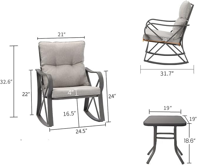 Miniatura 6 de COSIEST Juego de 3 sillas mecedoras para patio, muebles de exterior con cojines grises cálidos, mesa superior de vidrio para jardín, piscina, patio