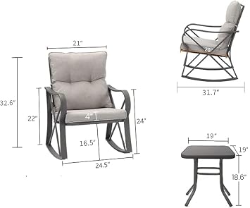 COSIEST 3 Piece Bistro Set Patio Rocking Chairs Outdoor Furniture w Warm Gray Cushions, Glass-Top Table for Garden, Pool, Backyard