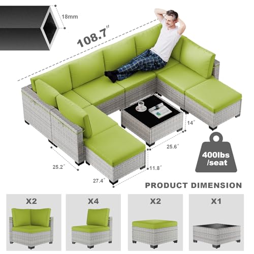 Image of Outdoor PE Wicker Rattan Modular Patio Sectional Sofa Set | 9-Piece: 6 Modular Seats, Coffee Table & 2 Ottomans, Grass Green