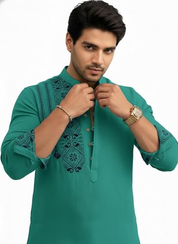 Image of Amazon Brand - INKAST Men's Cotton Blend Mandarin Collar Self One Design Full Sleeve Casual Short Kurta
