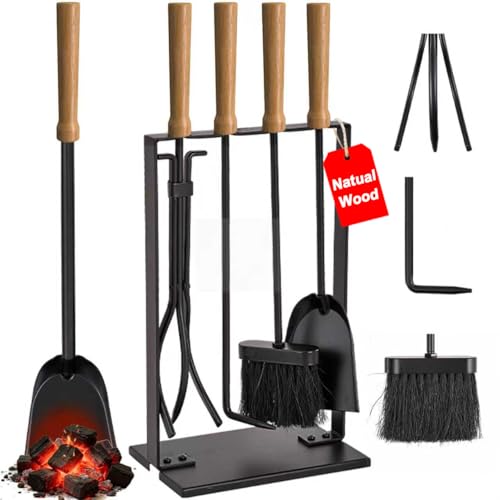 Amagabeli 55cm 5 Pcs Fireplace Tools Sets Wood Handle Wrought Iron Fire Tool Set and Holder Outdoor Fireset Fire Pit Stand Indoor Rustic Tongs Shovel Antique Brush Chimney Poker Wood Accessories
