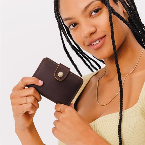 Image of Portland Leather Goods Women's Mini Bifold Wallet - Slim, Palm-Sized Design with Secure Snap Closure, 2 Card Slots, 2 Cash Slots & Zippered Coin Pocket - Grizzly