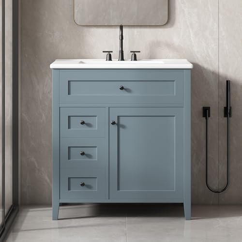 Image of 30 inch Bathroom Vanities with Top Set, Cabinet with Multi-Functional Tip-Out Drawer and Adjustable Shelf, Soft-Closing Door, Solid Wood Legs, Blue Gray