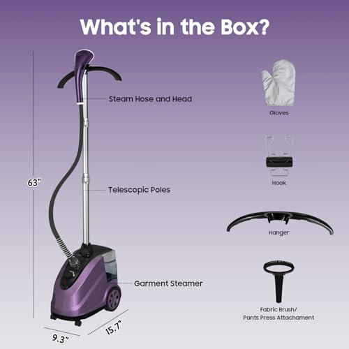 Kikihouse X-Large 3.8L Water Tank Steamer for Clothes, 1500W Powerful Standing Garment Steamer, 90 Mins Continuous Steaming, 45s Fast Heat-Up, Wheels for Easy Movement