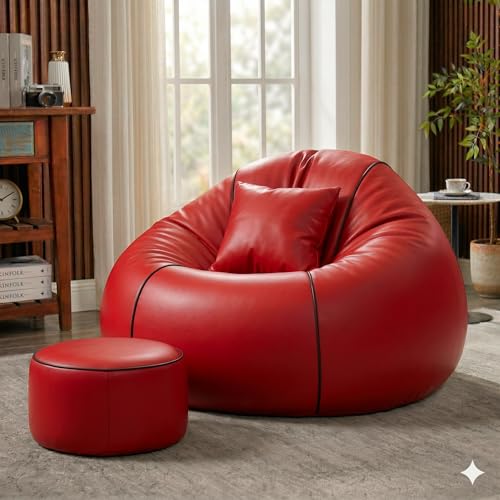 Image of Sattva Piping 4XL Sofa Style Bean Bag Chair with Beans Filled | Faux Leather Bin Bags Sofa Combo with Footstool & Cushion | Large Beanbags for Adults, Teens & Home - Red with Black Piping