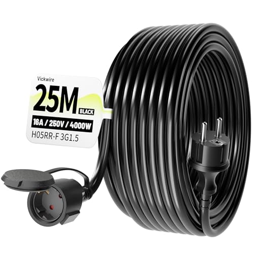 Vickwire Außen Verlängerungskabel 25 m Gummikabel mit Schutzkontaktstecker Schuko externes Kabel mit Schutzkappe 16 A/250 V schwarz H05RR-F 3G 1 5 mm IP44