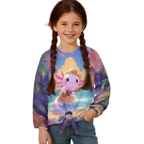 Xoenoiee Girls Casual T-Shirt Crew Neck Tunic Tops Axolotl Print Long Sleeve Loose Fit Soft Blouse Tie-Hem Tees Size 5-12 - Main Image