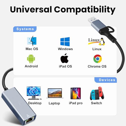 Image of USB C to Ethernet Adapter, USB 3.0 to RJ45 Gigabit LAN 1000 Mbps Wired Network, USB to Ethernet Adapter for Laptops /Tablet, Compatible with Windows XP, MAC OS, Linux, Vista 7 8 10 11