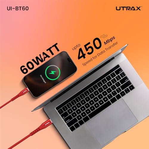 Image of UTRAX 65W Type-C to Type-C Cable | 2M Fast Charging Cable with Premium Metal Connectors, Durable TPE Material, Red