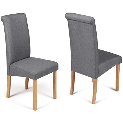 Your Price Furniture.com 2 Dining Chairs Grey Marl Fabric Scroll Roll Top Roma With Padded Seat & Oak Finish Legs Cover