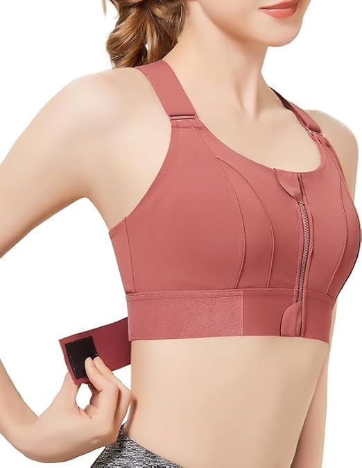 Soft Lightly Padded Longline Sport Bra Full Coverage Heavy Bust Support High Impact Racerback Back Front Zipper Closure Bra for Workout Yoga (in, Alpha, L, L, C, 32, Regular, 1, Brown)-image-16