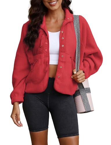 ReachMe Womens Sherpa Jacket Casual Lapel Button Down Cropped Fuzzy Fleece Jackets Long Sleeve Winter Coats with Pockets - Image 7