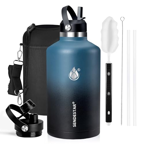 Image of Insulated Water Bottle 64 oz, Triple Wall Vacuum Stainless Steel Water Bottles(Cold for 48 Hrs), Leak Proof & Non-BPA, Half Gallon Water Flask Jug with Straw Spout Lids for Gym, Sports, Camping