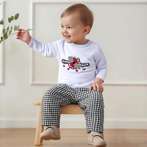 Infant Toddler Baby Boy Outfits Fall Winter Airplane Embroidery Long Sleeve Shirts Top Plaid Pants 2PCS Clothes Set2