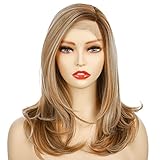 Onedor 18 Inch Kanekalon Futura Synthetic Hair 130% Density Straight Lace Front Side Part Long Wigs (Dark Natural Blonde Blended & Pale Golden Blonde with Dark Roots-OT8/386/624)