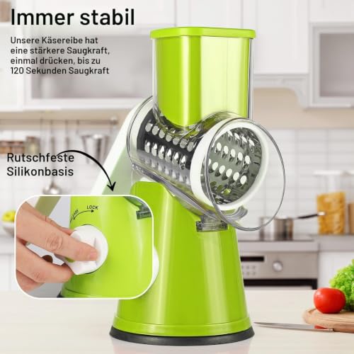 Dreamhigh® Käsereibe mit Kurbel, Gemüseschneider 3 Edelstahl Austauschbaren Trommelklingen, Manuelle Trommelreibe, Gemüsehobel… – Ansicht 2