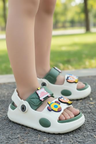 Image of Kids Cartoon Character Sandals,CLOGS White and Green, Chunky Sole, Open Toe, Fun Charm Embellishments