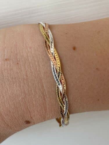 927 Silver Tricolor Yellow Rose Gold Plated Twisted Braided Herringbone Bracelet Bracelet Length : 7.5