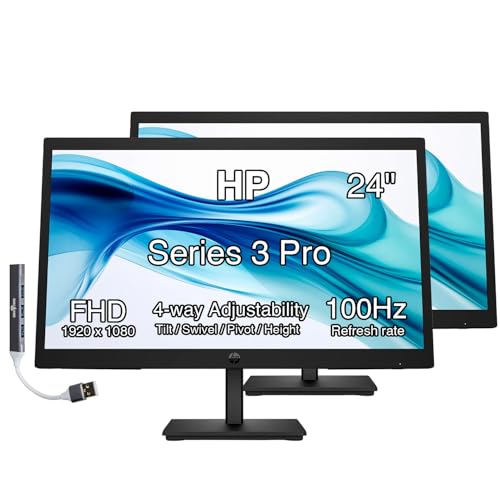 Image of HP Series 3 Pro 24 inch 100Hz FHD IPS Monitor with Adjustable Tilt | Swivel /Pivot /Height, Built-In Dual 2W Speakers, VESA Mount (100mm), VGA, Displayport, HDMI with DKZ Hub, Black 2 Pack