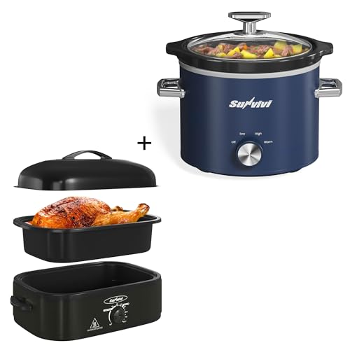 Sunvivi US Sunvivi 14 Quart Roaster Oven & 2 QT Blue Slow Cooker Bundle, Electric Slow Cooker Roaster Oven with Self-Basting Lid, Small Slow Cooker with Removable Ceramic Pot