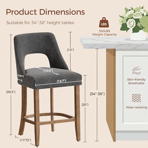 Image of UVV Bar Stools Set of 3, Upholstered Counter Height Bar Stools, Modern Counter Stools with Wood Legs for Kitchen Island Dining Room Bar, Dark Grey
